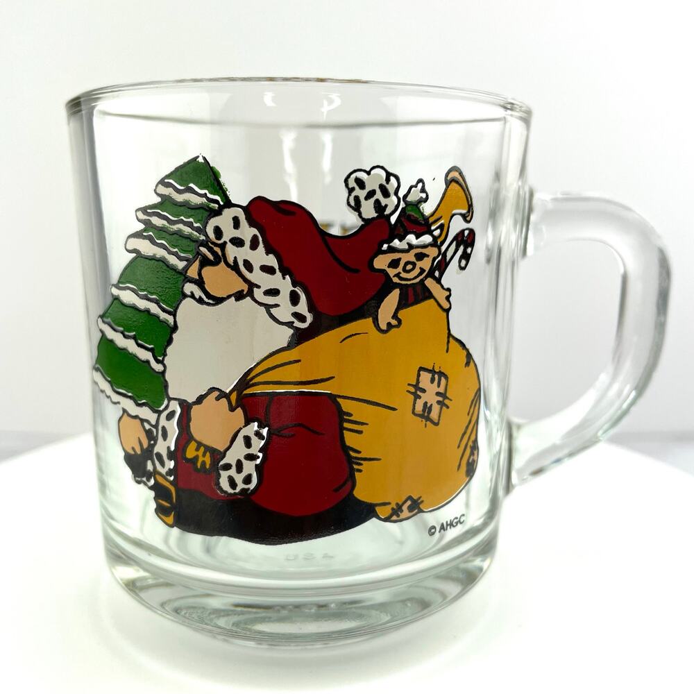 Seasons Greetings Anchor Hocking Santa Claus Mug Clear Glass Coffee Teacup